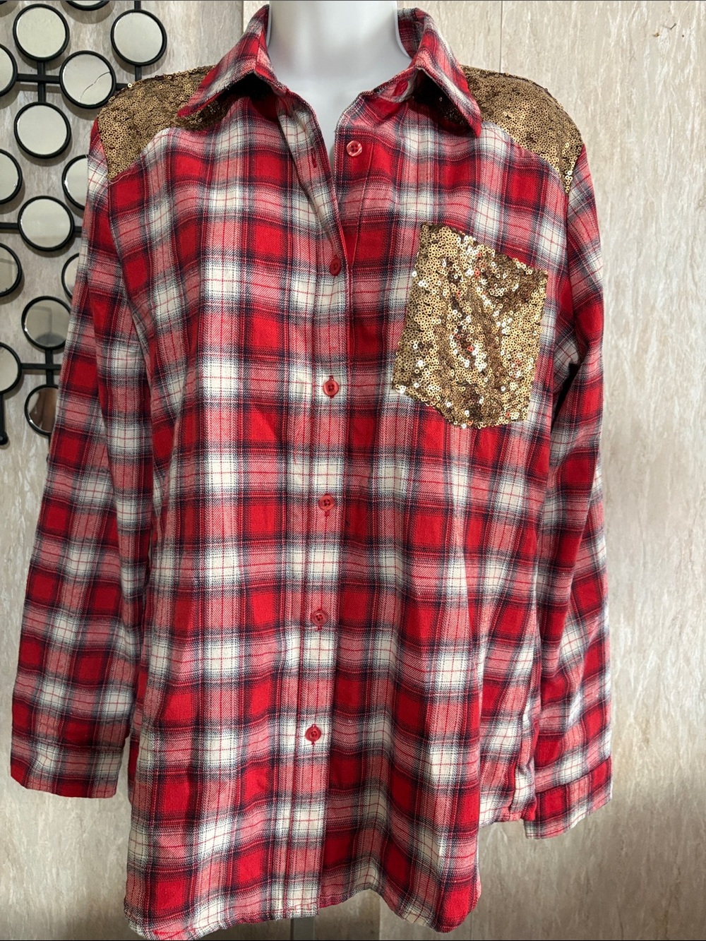 Red Plaid Button-Down Shirt with Gold Sequin Accents